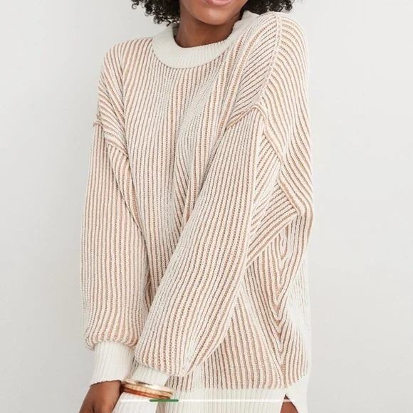 aerie Sweaters - Aerie Chenille Striped Oversized Knit Sweater Pullover Tan Cream XL Chunky